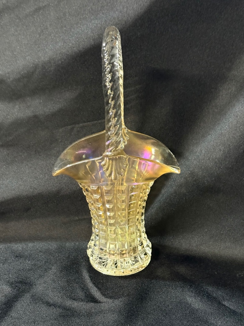 Vintage Imperial Marigold Carnival Glass Basket with Waffle Pattern